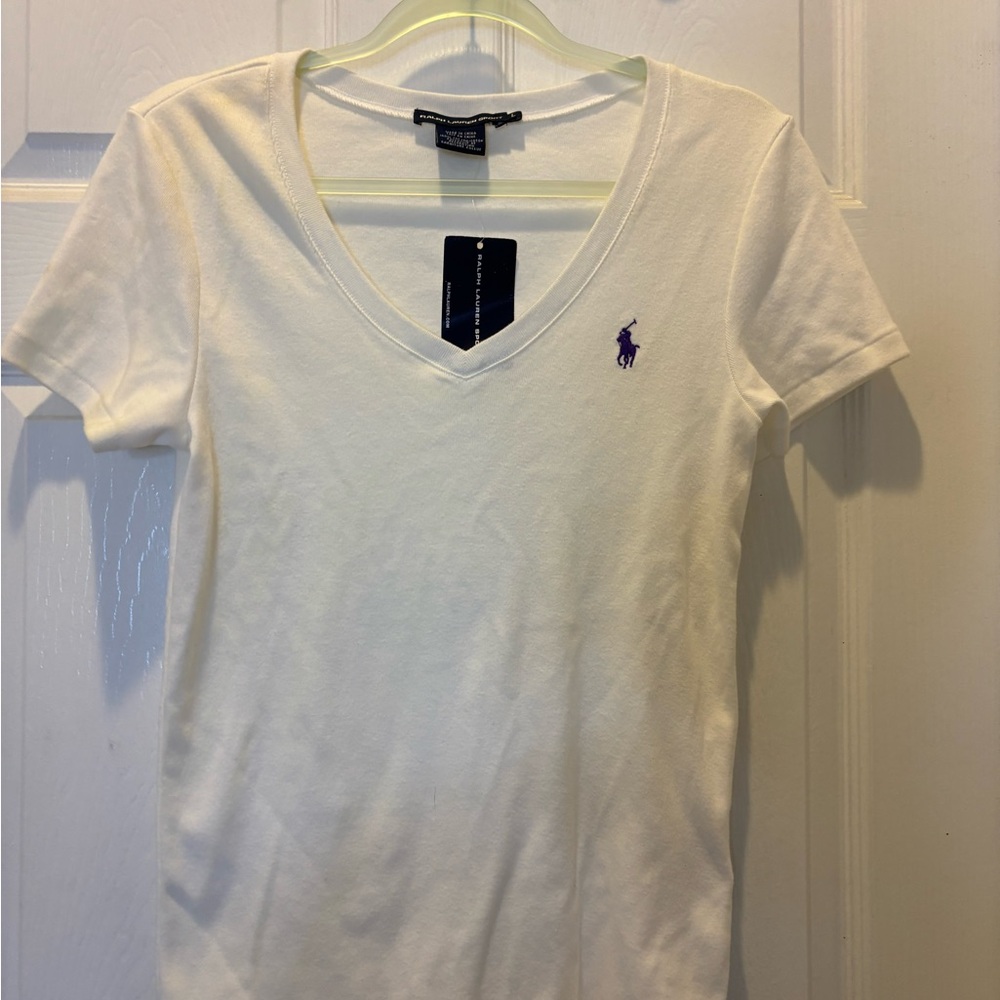 Ralph Lauren Sport White V-Neck Tee with Purple Logo - Picture 2 of 4